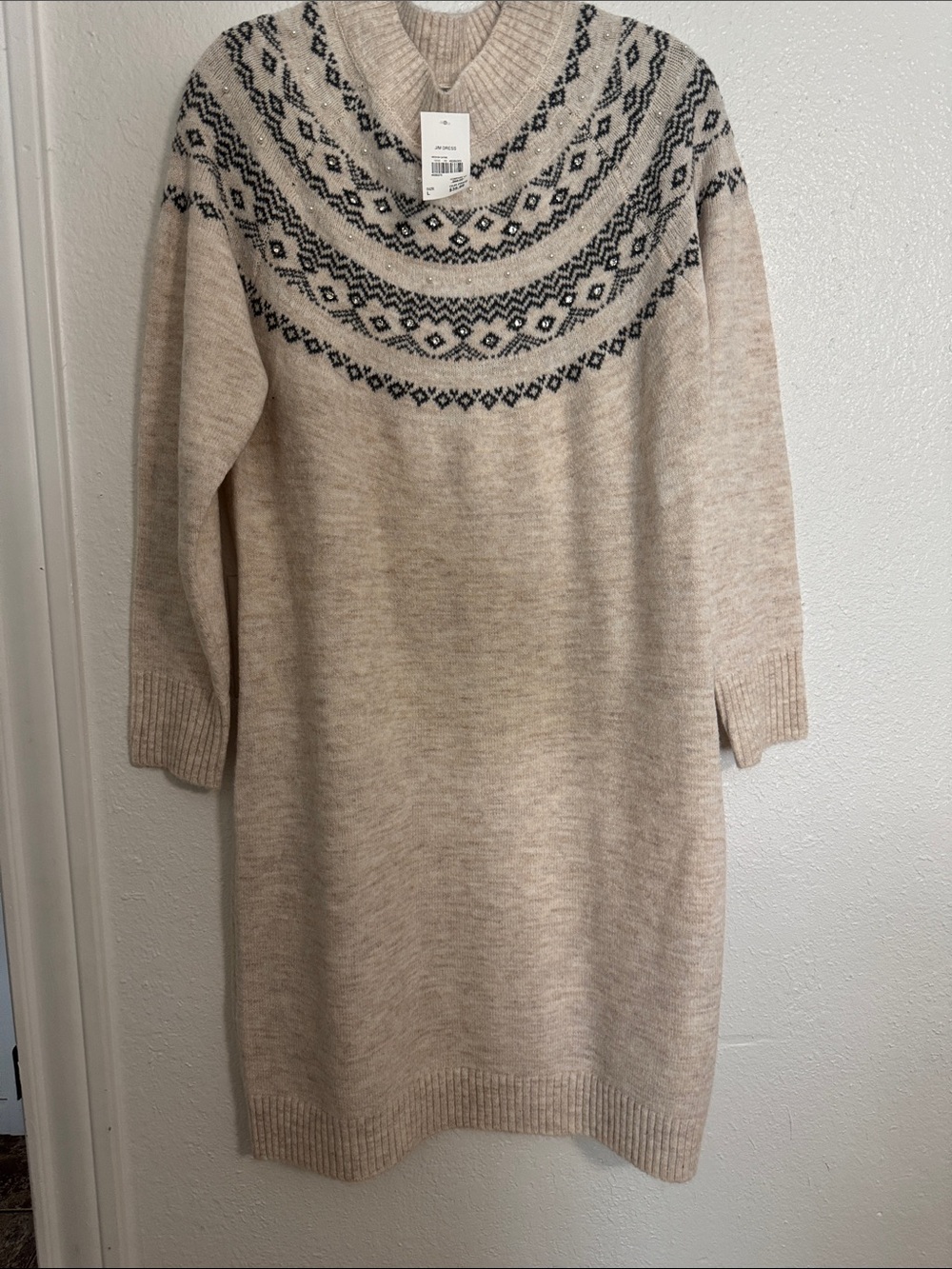 Cato Cream Knit Fair Isle Sweater Dress with Black Pattern